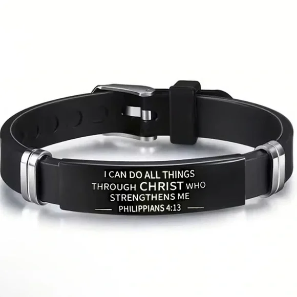 Bible Verse Bracelet Black Stainless Steel Silicone Christian Bracelets - Picture 1 of 3